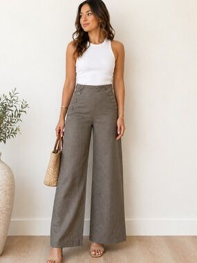 Sandro Linen Blend Wide Leg Pants Button Detail Taupe Size 8P